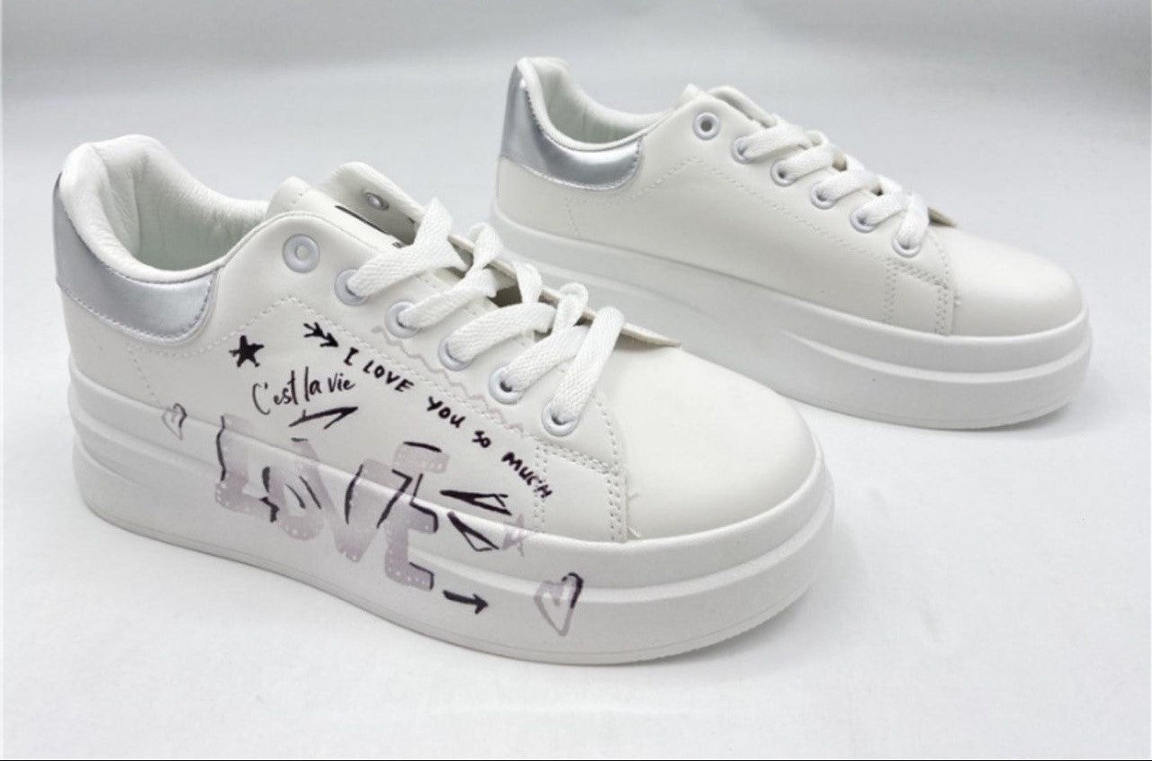 Walia Women's Casual Sneakers with light gray text, Lace-up, White, 'C'est la Vie' Text