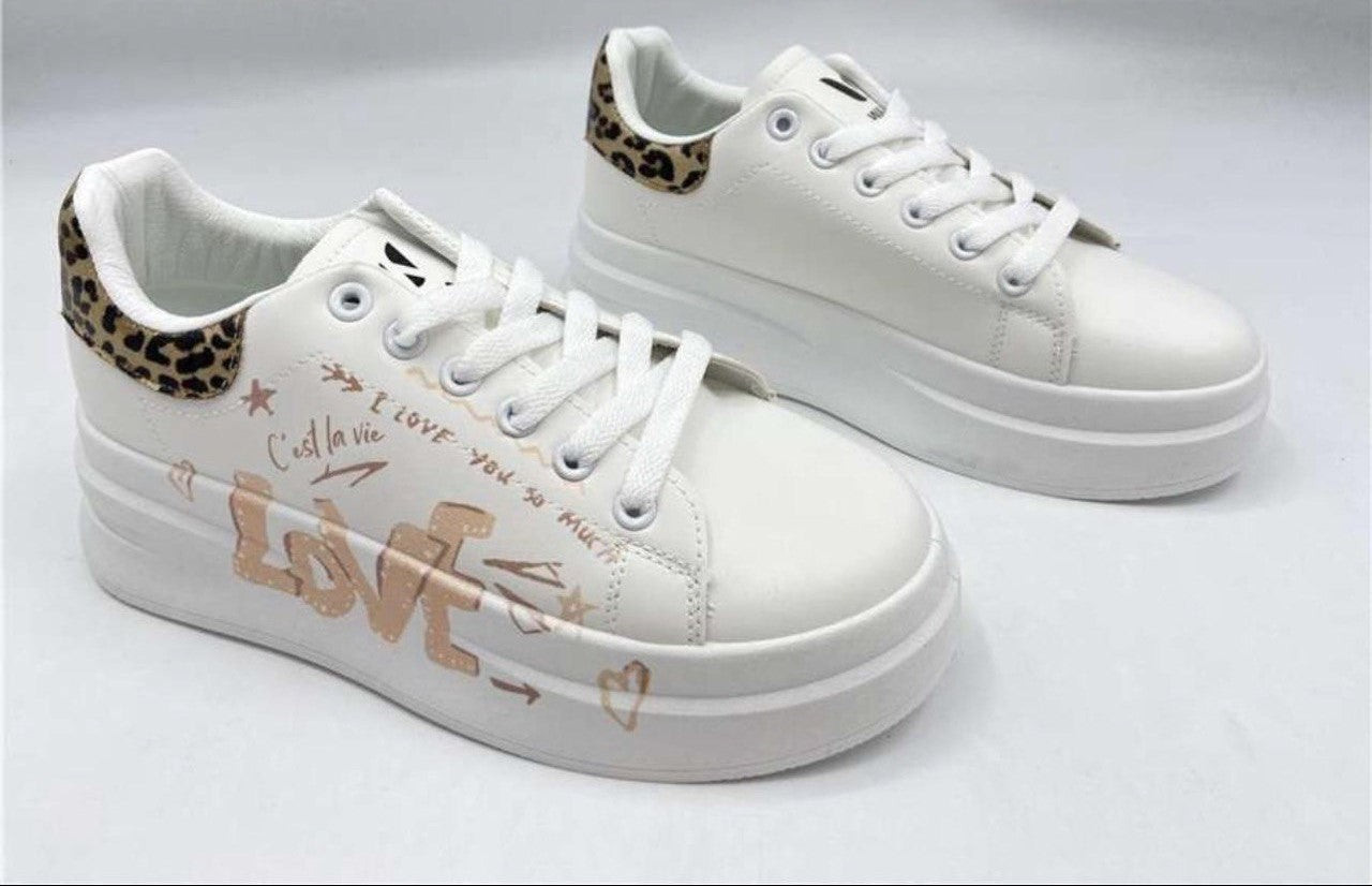 Walia Women's Casual Sneakers with Leopard Print Accents, Lace-up, White, 'C'est la Vie' Text