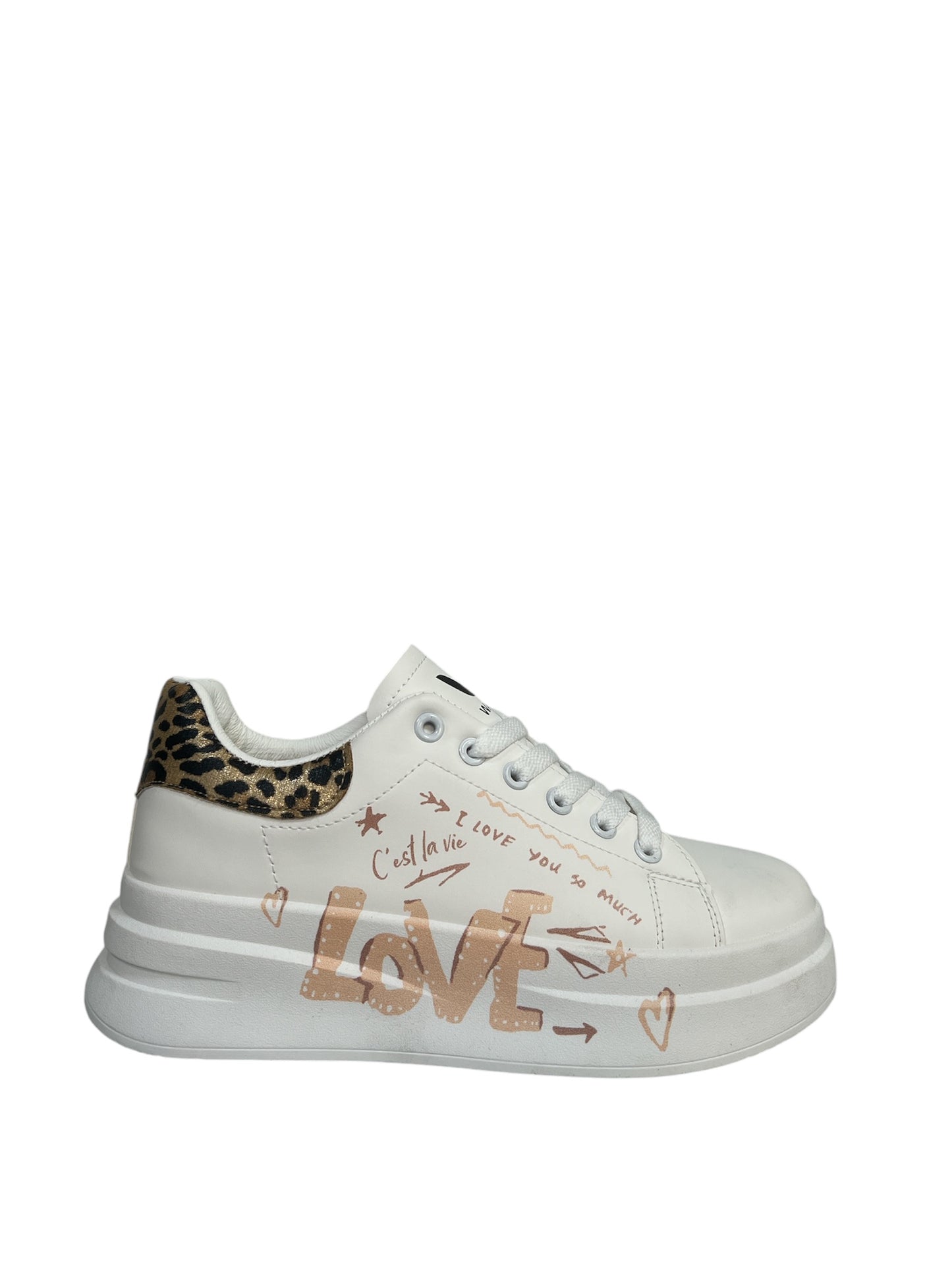 Walia Women's Casual Sneakers with Leopard Print Accents, Lace-up, White, 'C'est la Vie' Text