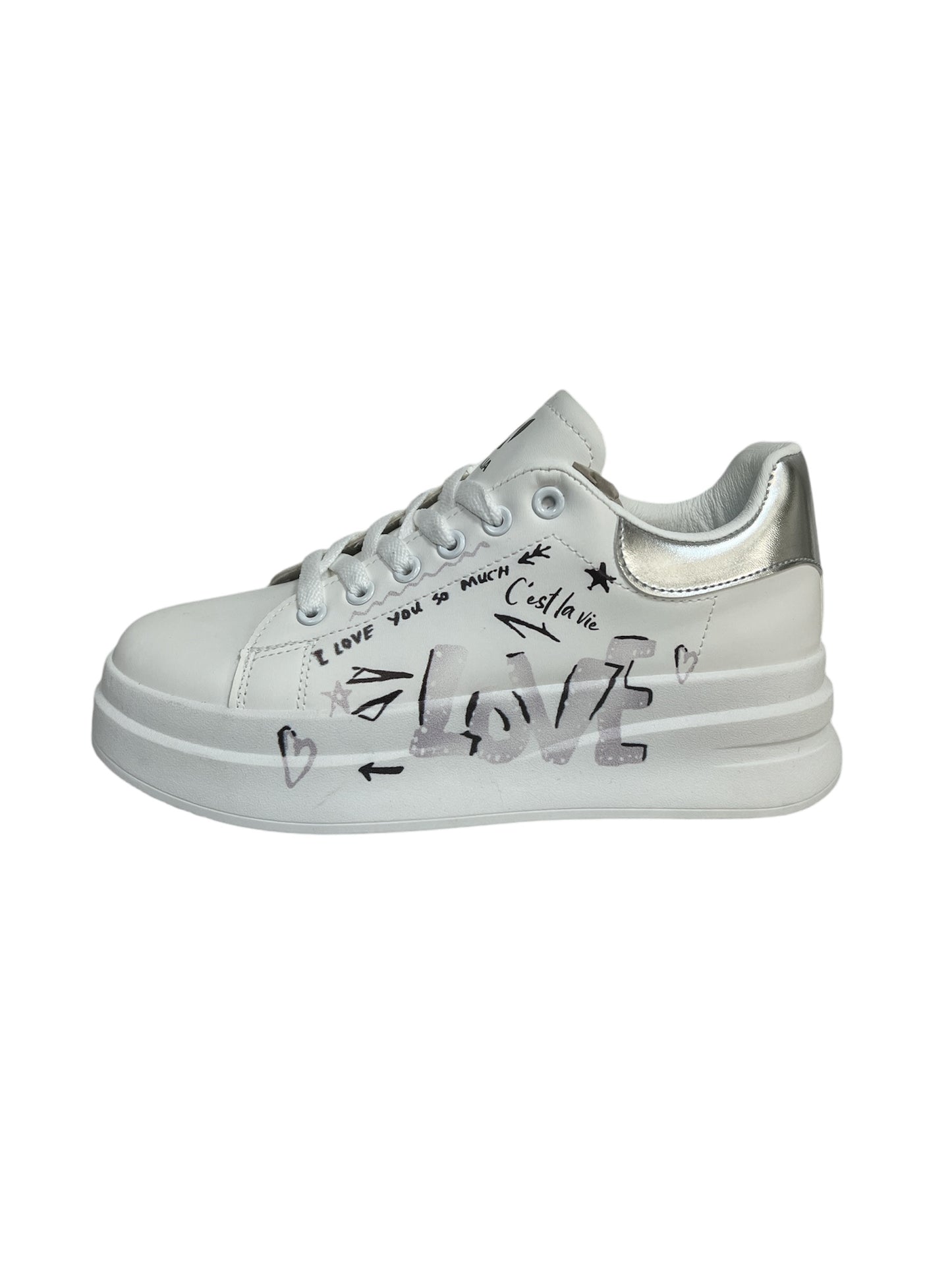 Walia Women's Casual Sneakers with light gray text, Lace-up, White, 'C'est la Vie' Text