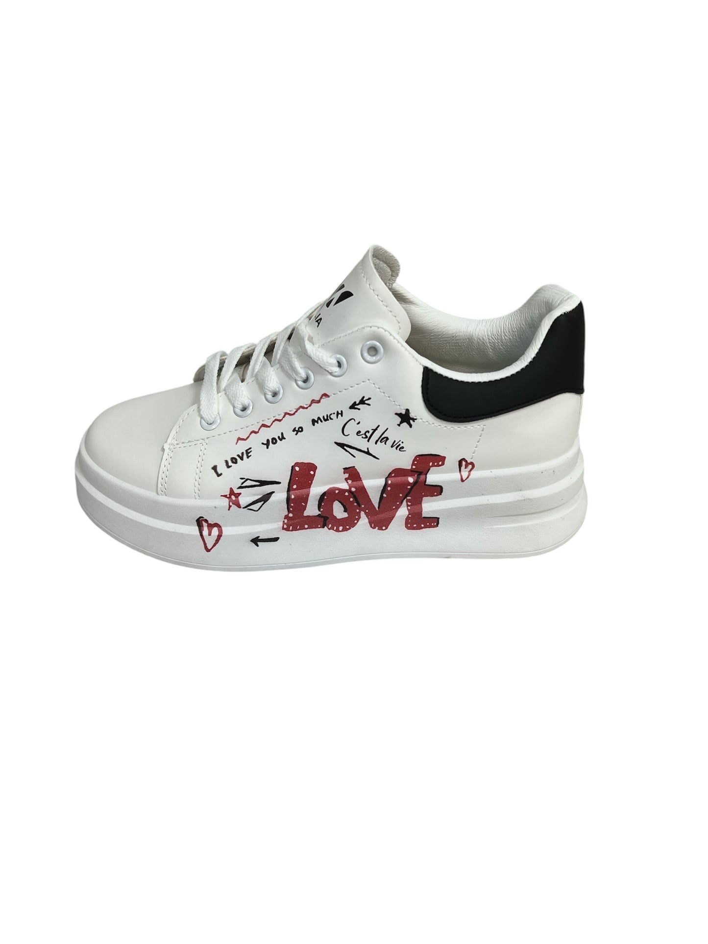 Walia Women's Casual Sneakers with Red text, Lace-up, White, 'C'est la Vie' Text