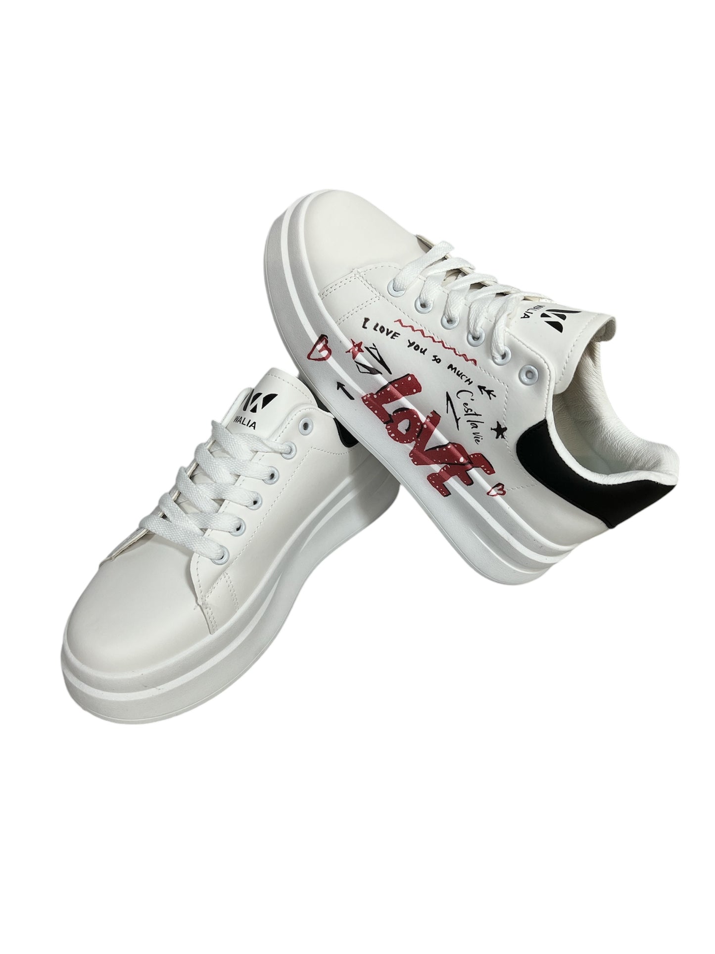 Walia Women's Casual Sneakers with Red text, Lace-up, White, 'C'est la Vie' Text