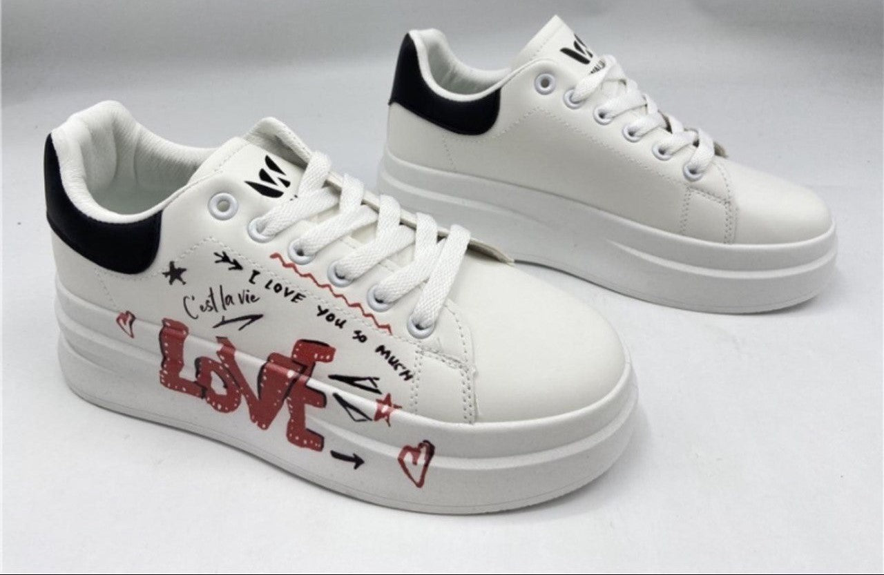 Walia Women's Casual Sneakers with Red text, Lace-up, White, 'C'est la Vie' Text