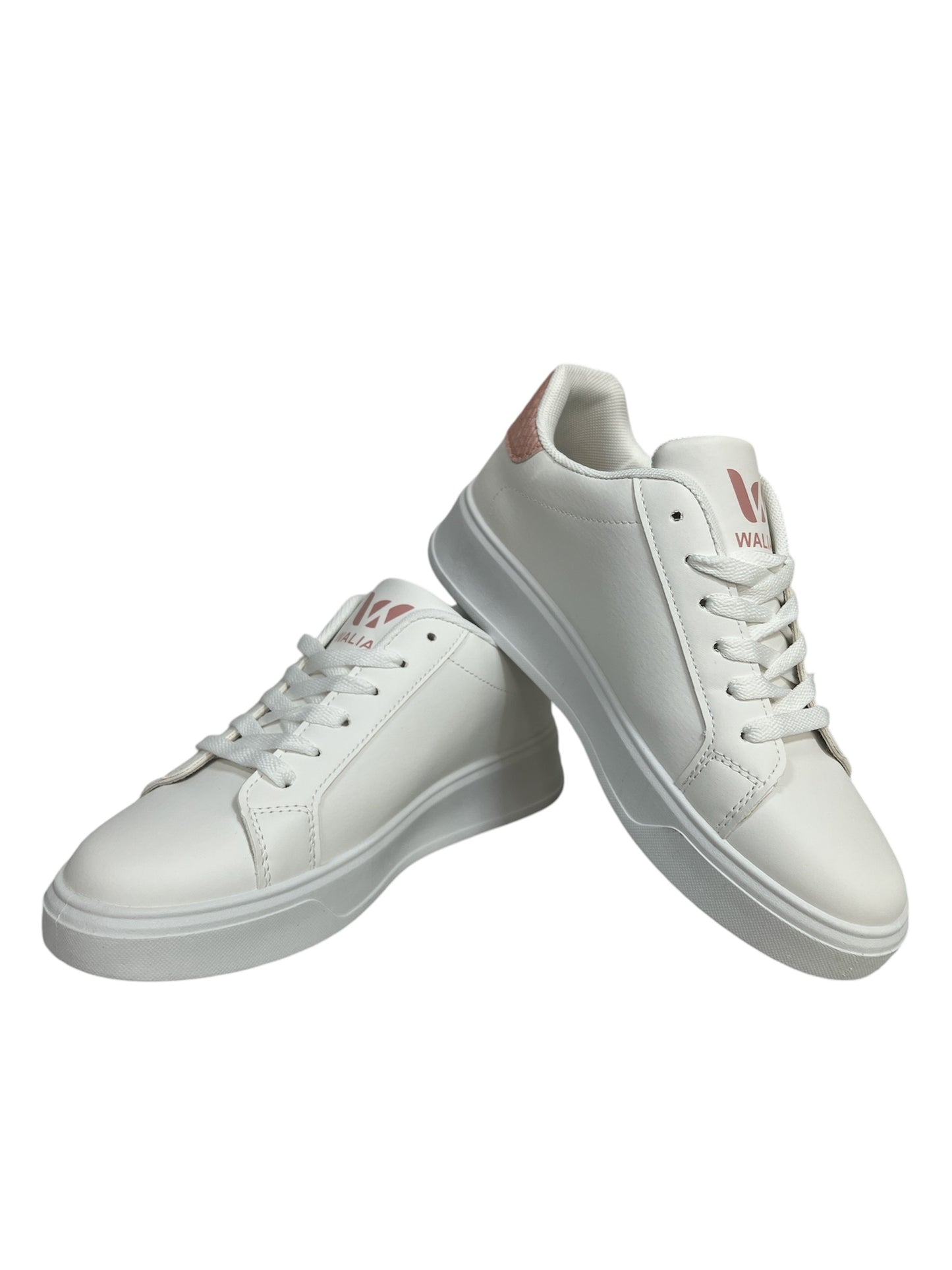Walia Classic White-Pink Sneakers, Low-Top Lace-Up, Platform Sole, Casual Athletic Fashion