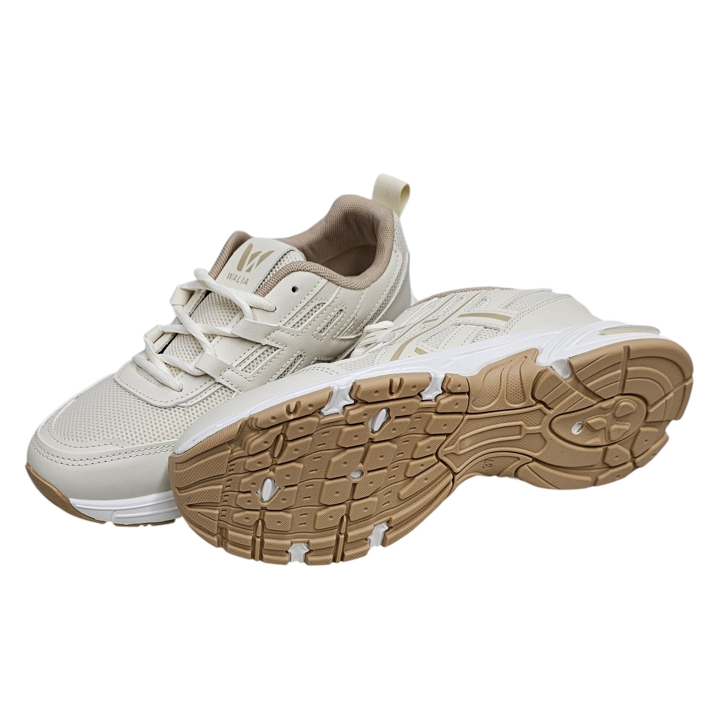 Walia Beige Athletic Running Shoes, Mesh Upper, White Sole, Cushioned Training Sneakers