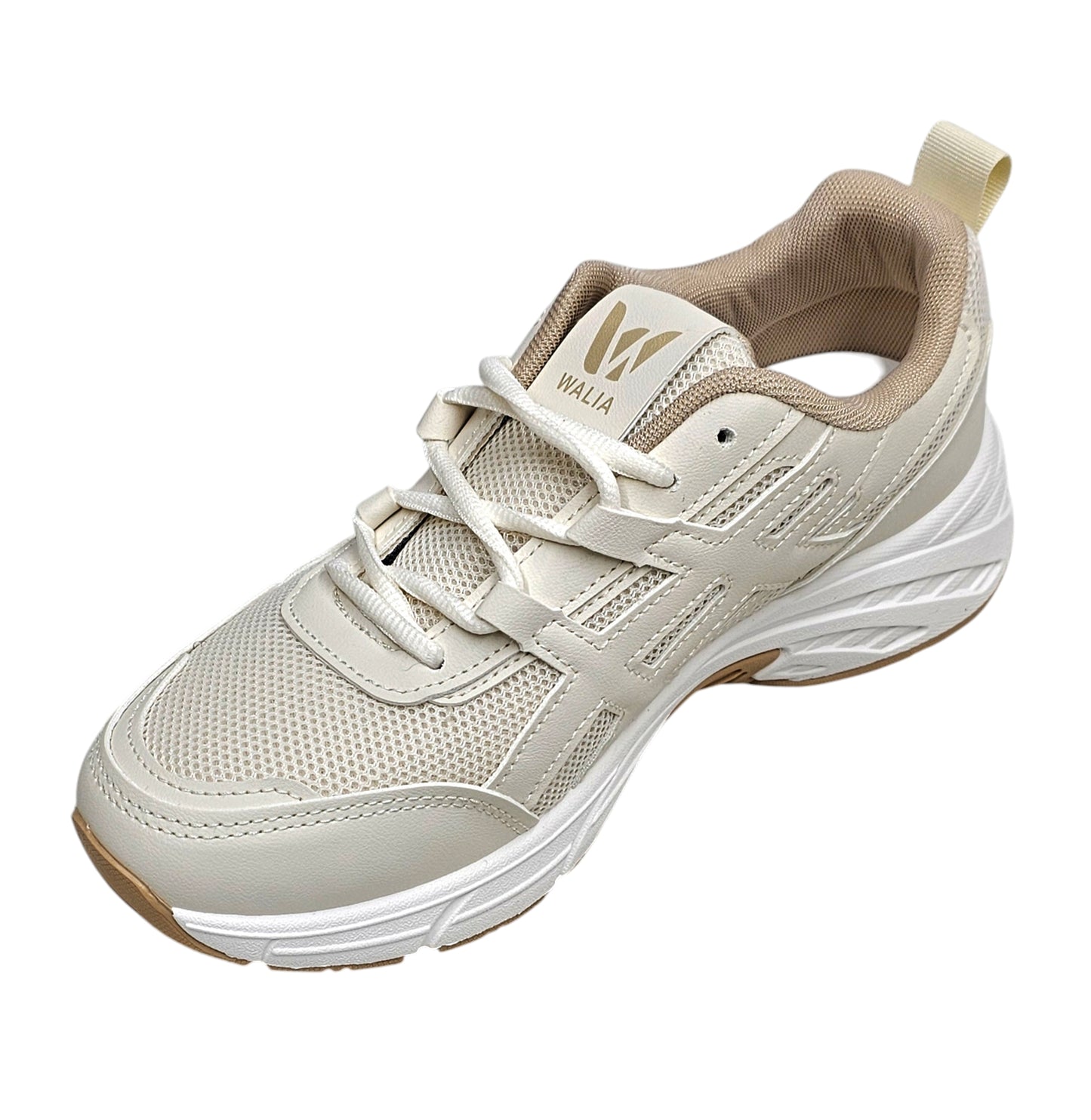 Walia Beige Athletic Running Shoes, Mesh Upper, White Sole, Cushioned Training Sneakers