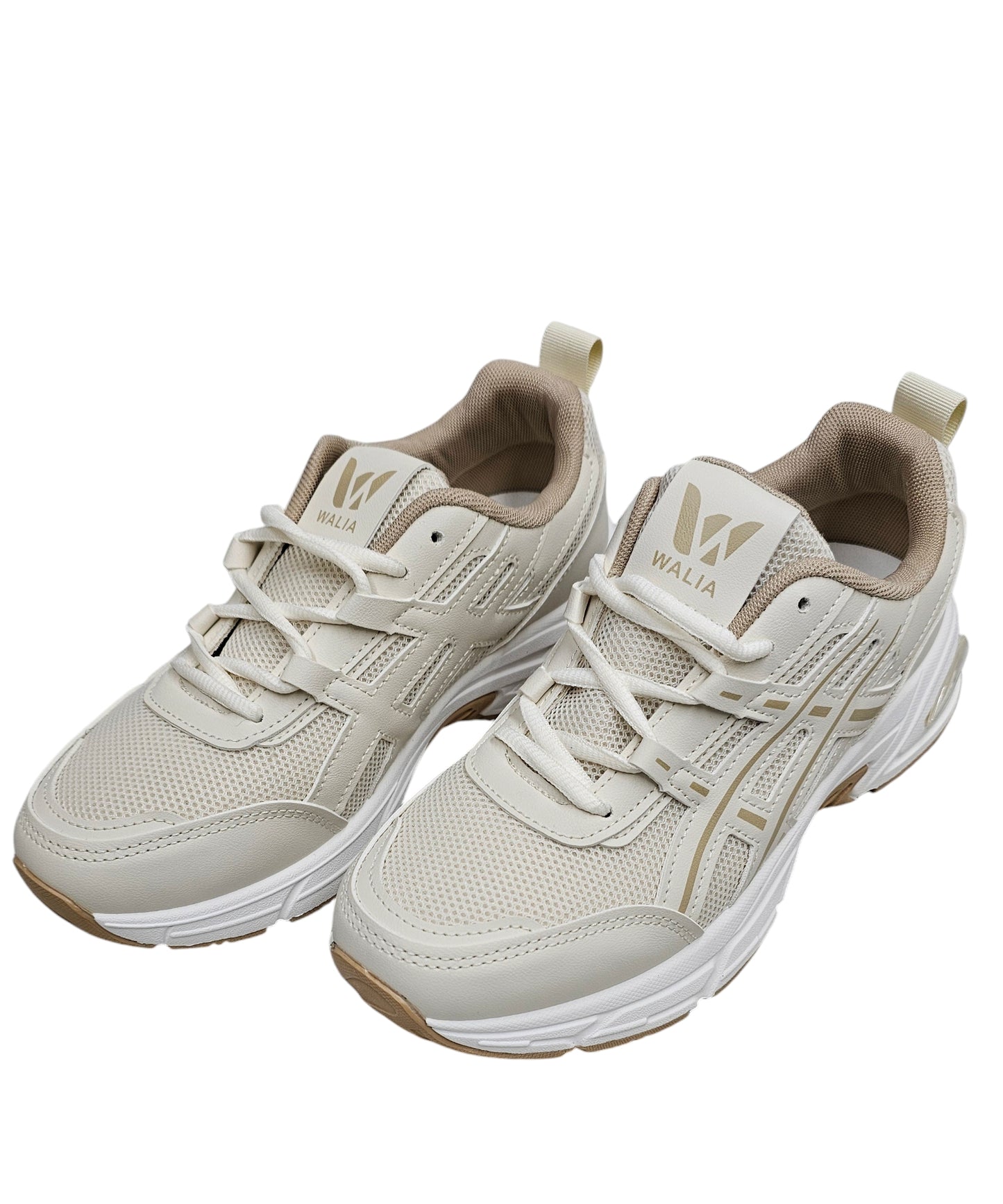 Walia Beige Athletic Running Shoes, Mesh Upper, White Sole, Cushioned Training Sneakers