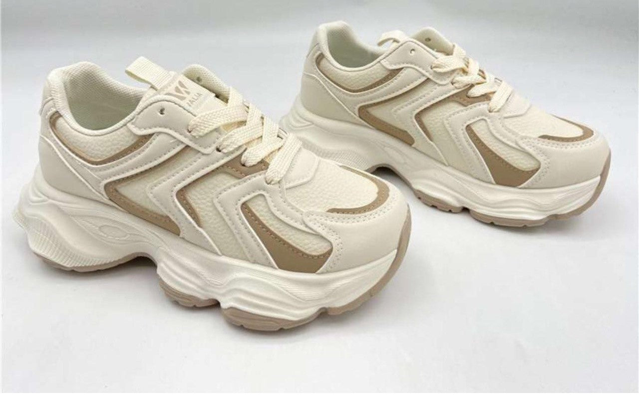 Walia Beige Chunky Platform Sneakers, High Platform Fashion Shoes, Lace-up Comfort