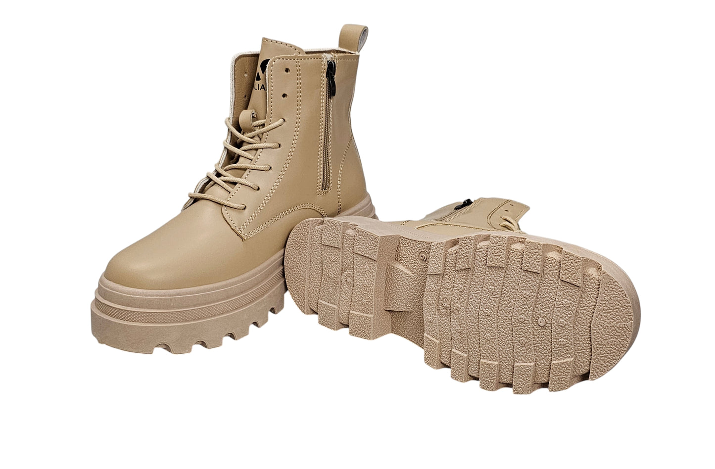 Walia Beige Combat Boots for Women, Platform Lug Sole, Lace-up Military Style Ankle Boots