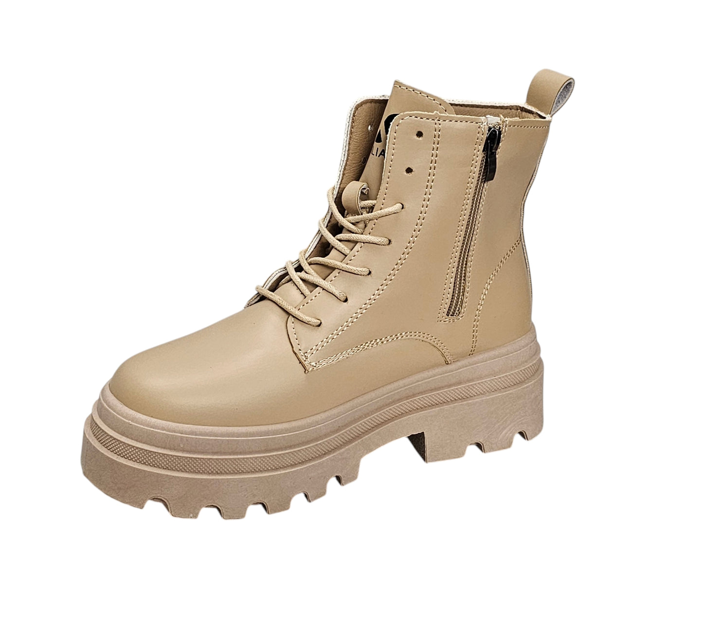 Walia Beige Combat Boots for Women, Platform Lug Sole, Lace-up Military Style Ankle Boots