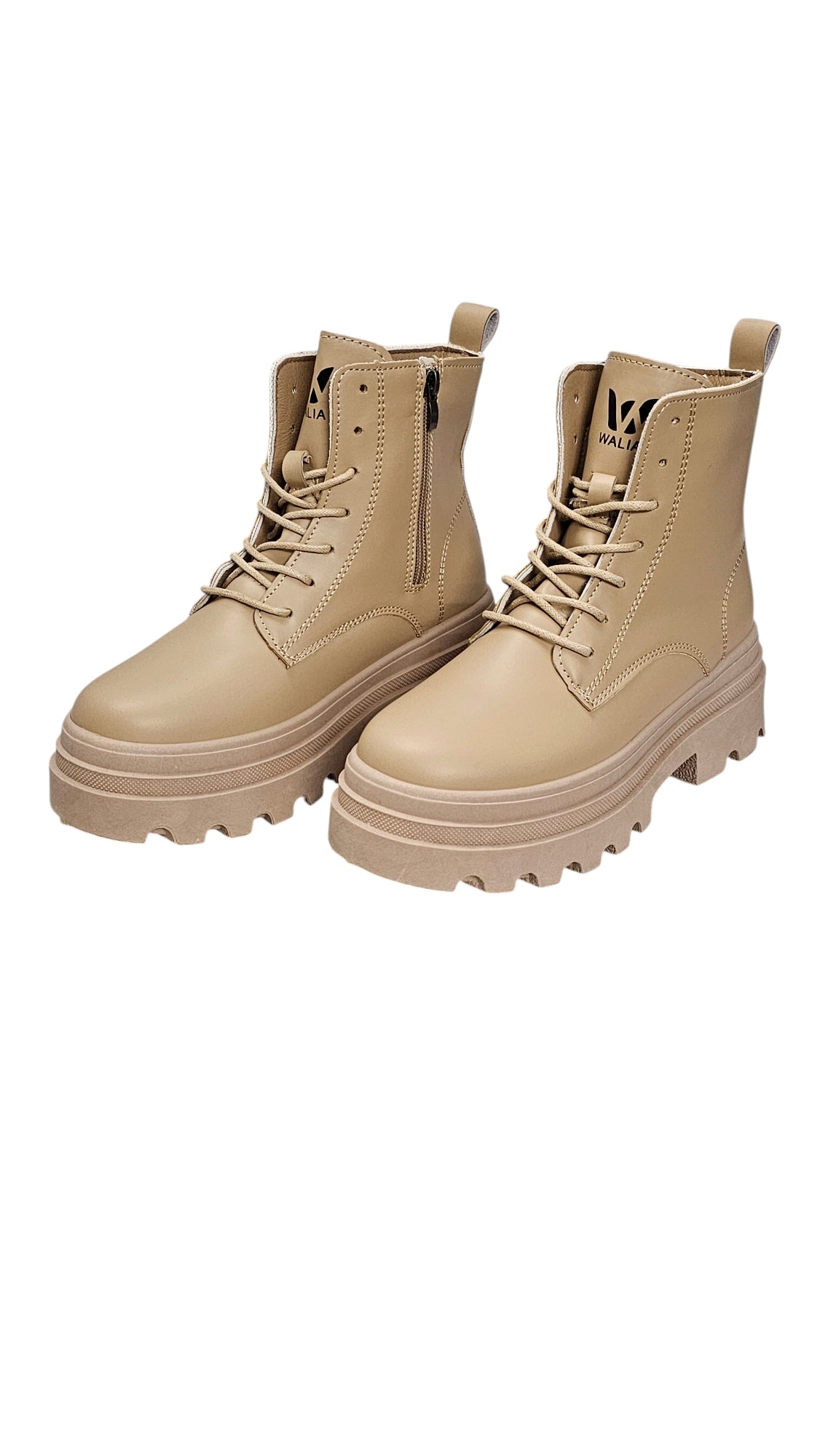 Walia Beige Combat Boots for Women, Platform Lug Sole, Lace-up Military Style Ankle Boots